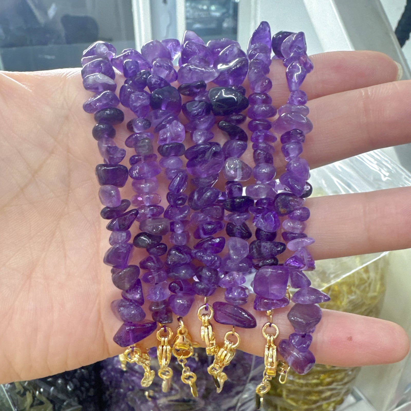 6 Pcs Natural Amethyst Crystal Chip Bead Bracelet Gold Buckle Chain Adjustable