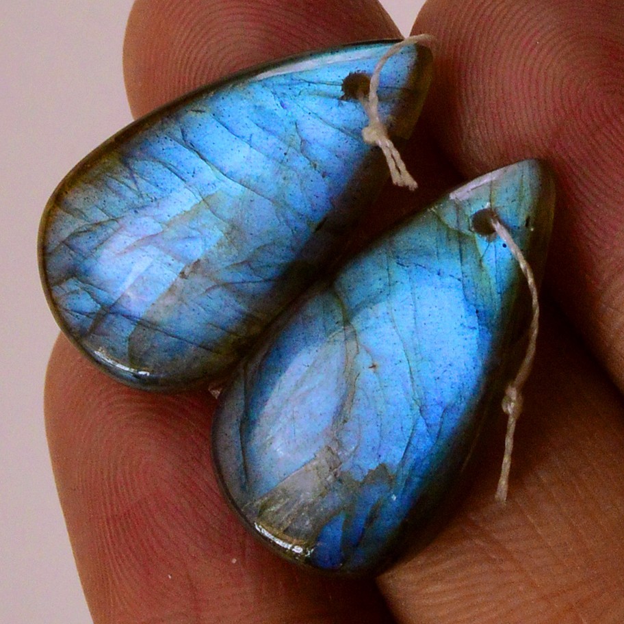 24Cts Natural Labradorite Gemstone Cabochon Front Drill Earrings 21x11mm #P3172