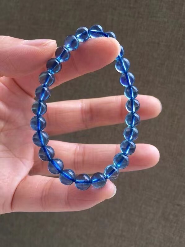 7mm Natural Blue Aquamarine Gemstone Clear Round Beads Bracelet AAAAA