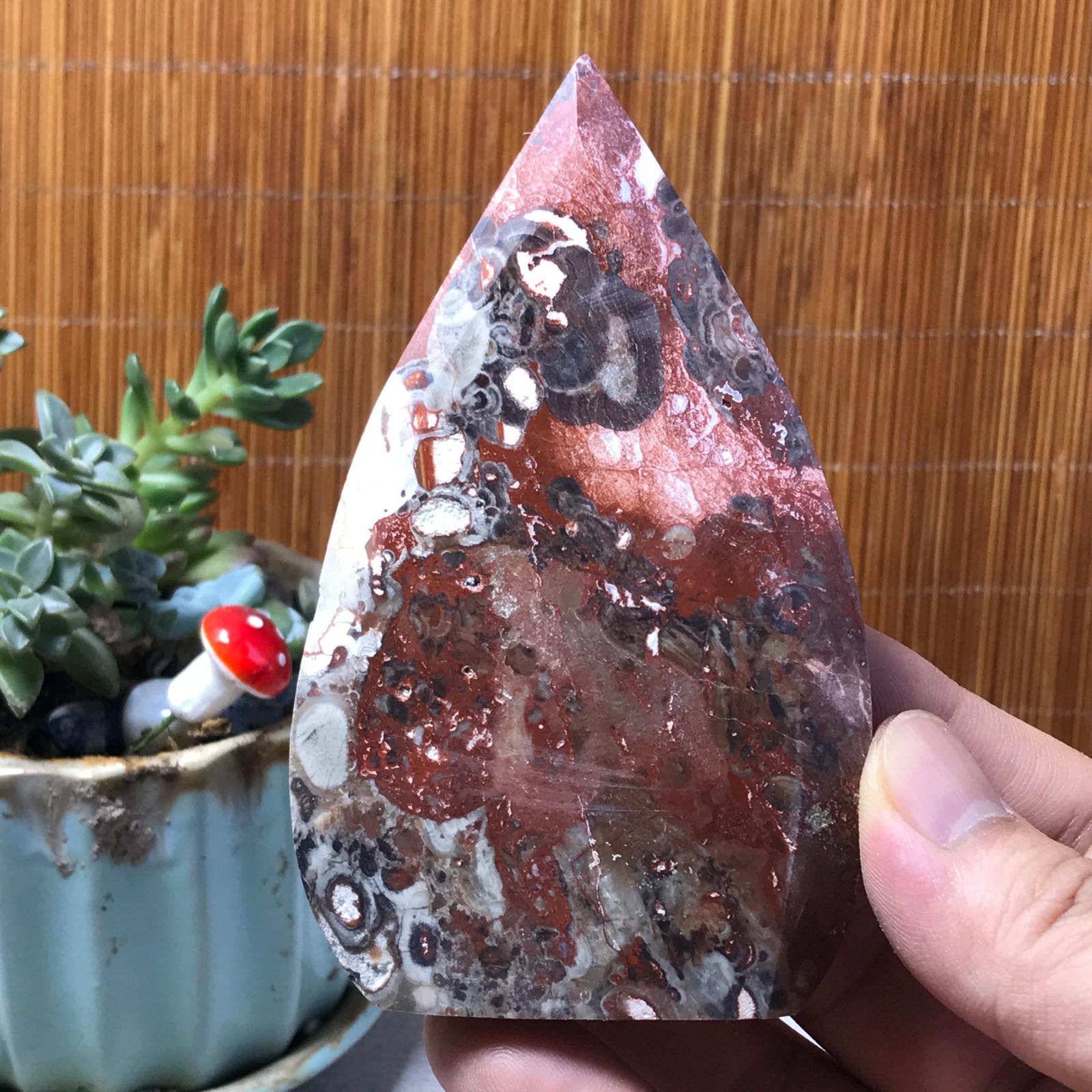 Natural money Mexico agate hand carve leaf Crystal Specimen free standing A6523