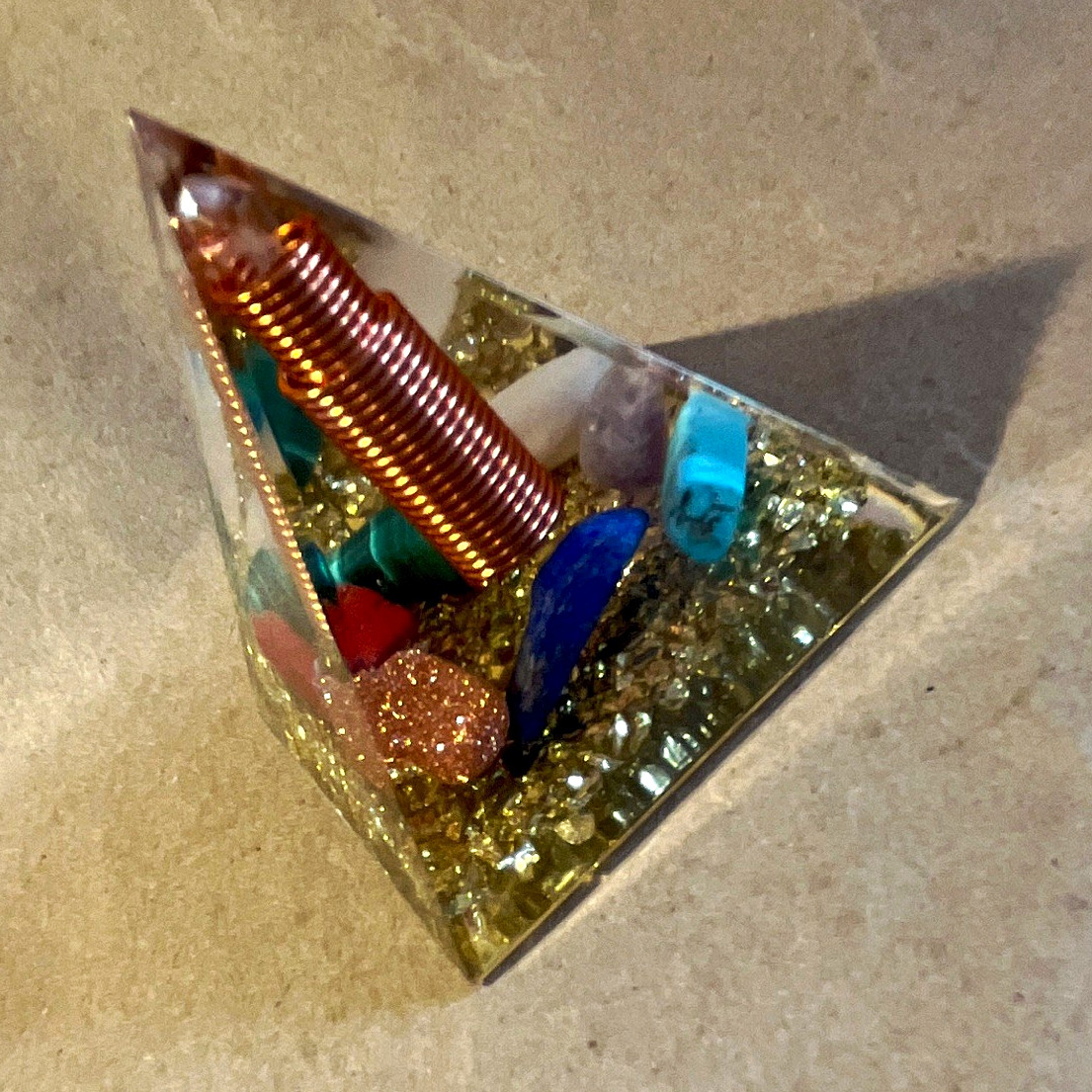 Resin Crystal Pyramid Mineral Specimen w/ Copper Coil & Embedded Gemstone Chips