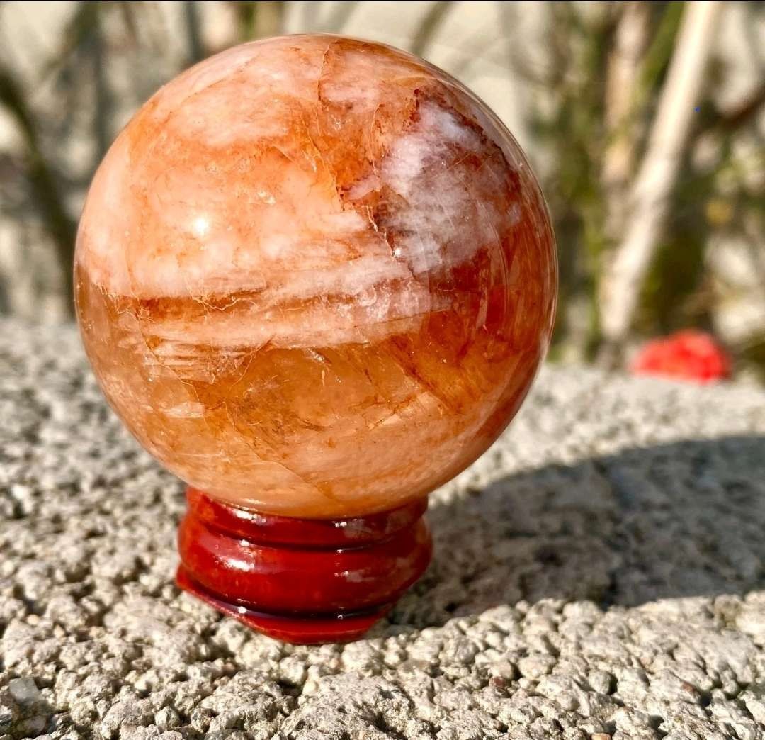 124G Natural Red Fire Quartz Crystal Stone Sphere 44mm With Stand