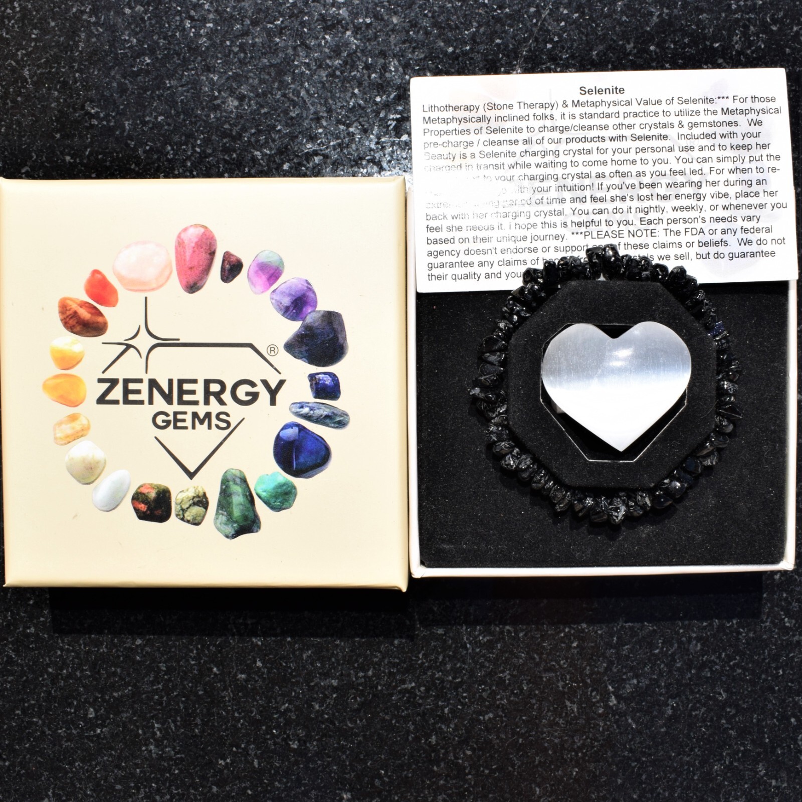 Premium CHARGED Black Spinel Crystal Chip Stretchy Bracelet + Selenite Heart