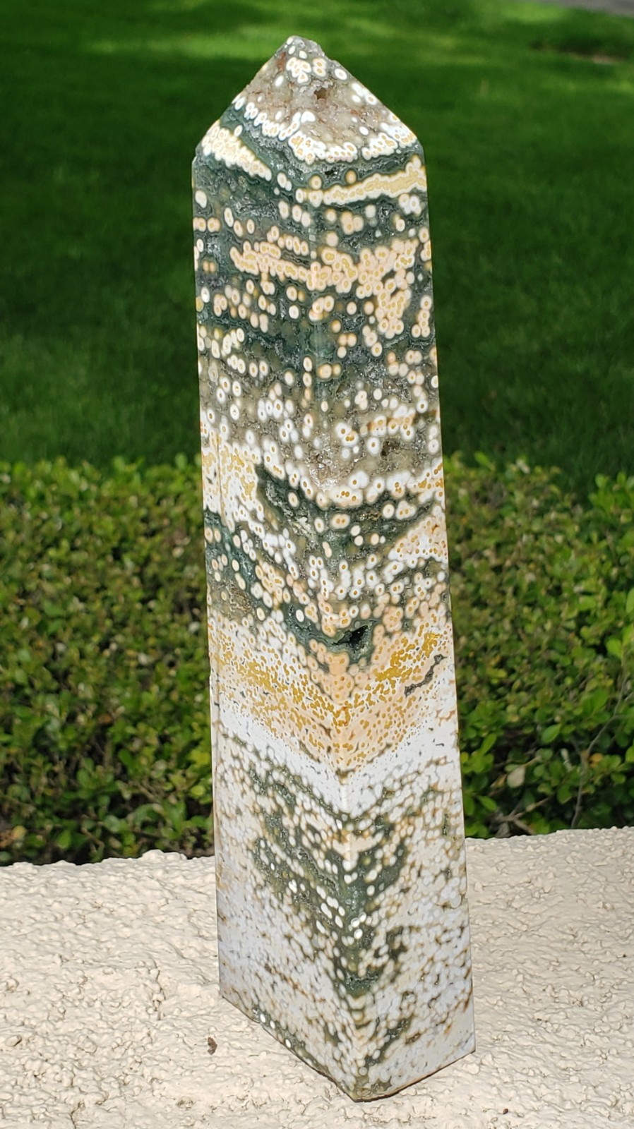 8.25″ Natural 8th Vein Orbicular Ocean Jasper Crystal Tower Obelisk Point Wand