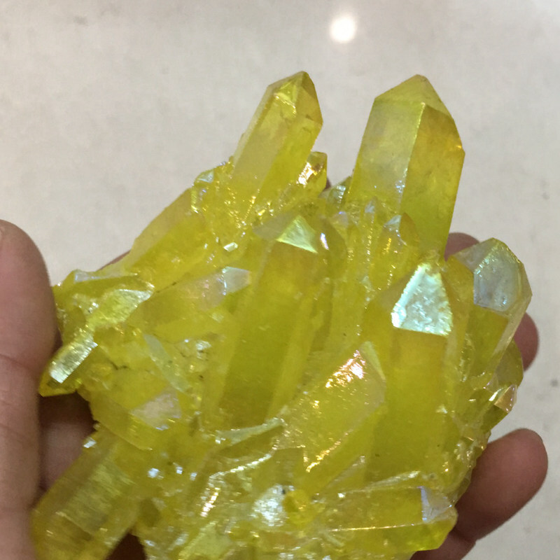 5Pcs Natural Angel Aura Yellow Titanium Gemstone Quartz Crystal Cluster Specimen