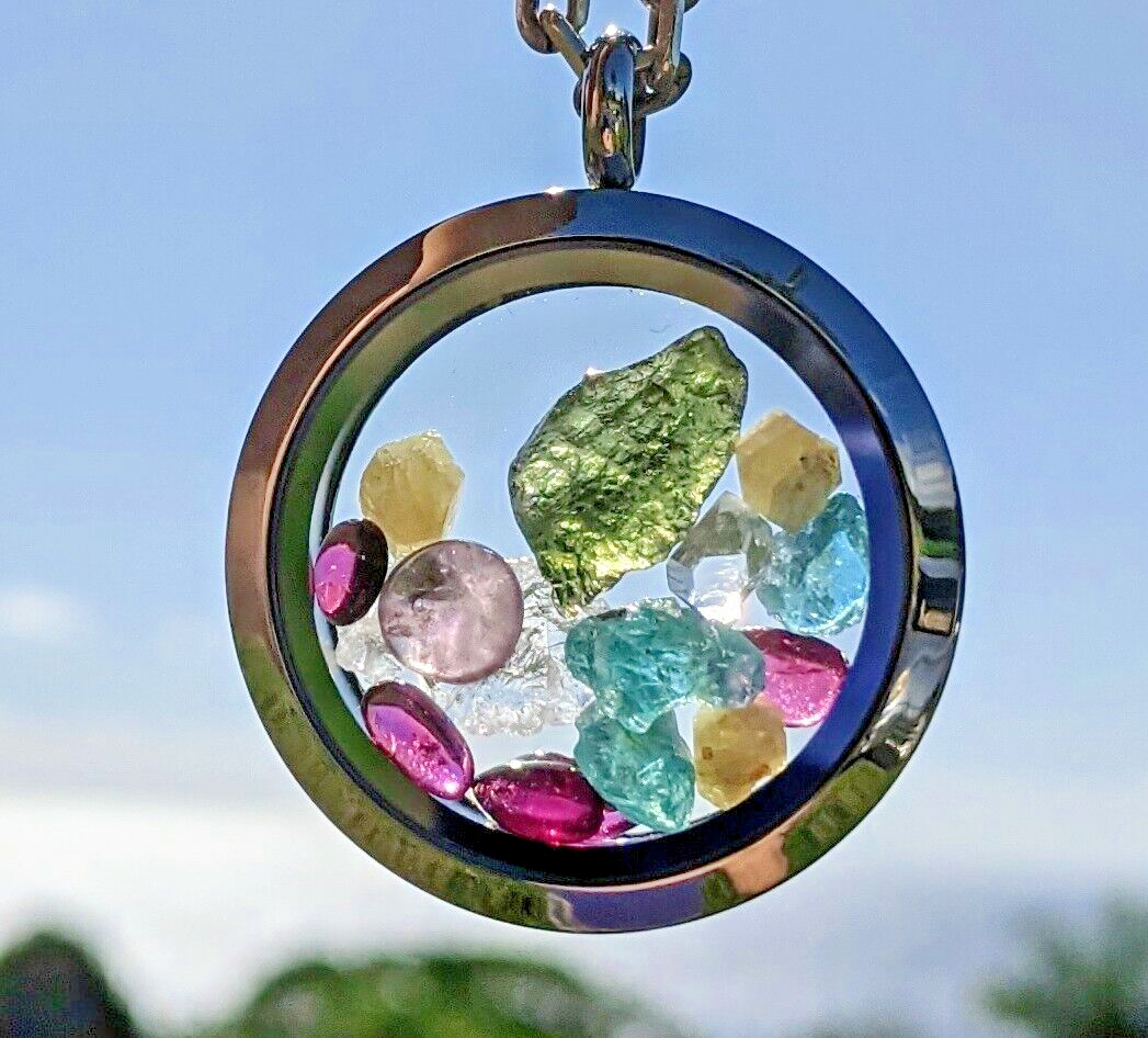 Moldavite Pendant / Phenacite / Herkimer Diamond / Auralite 23 Locket Necklace