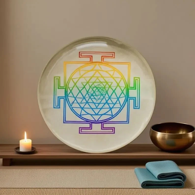 Rainbow Sri Yantra Resin Disc 2” | Sacred Geometry Plate | Chakra Alignment