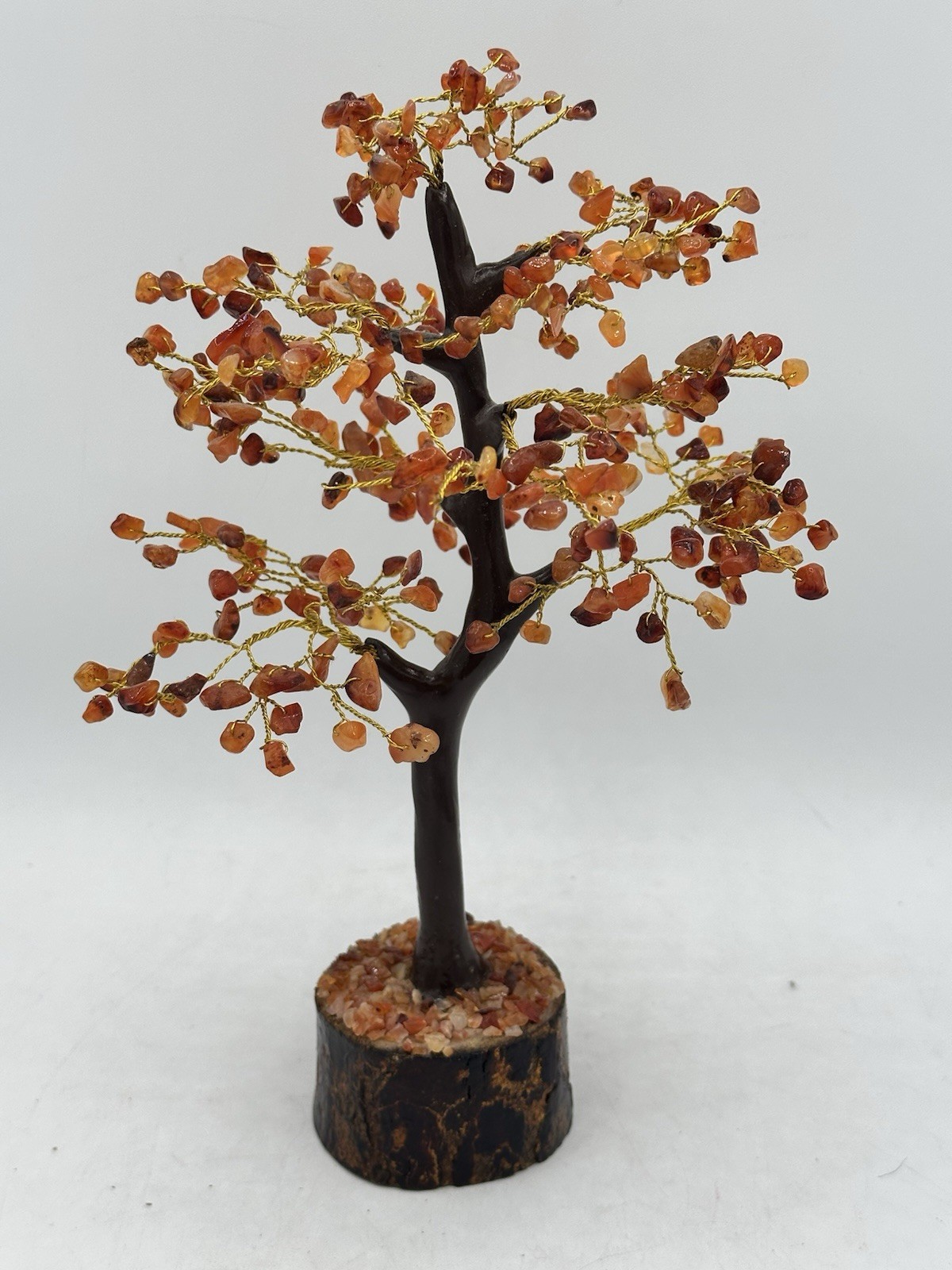 Handmade Orange Carnelian Crystal Gemstone Tree Wooden Base, Healing stone 9.5″