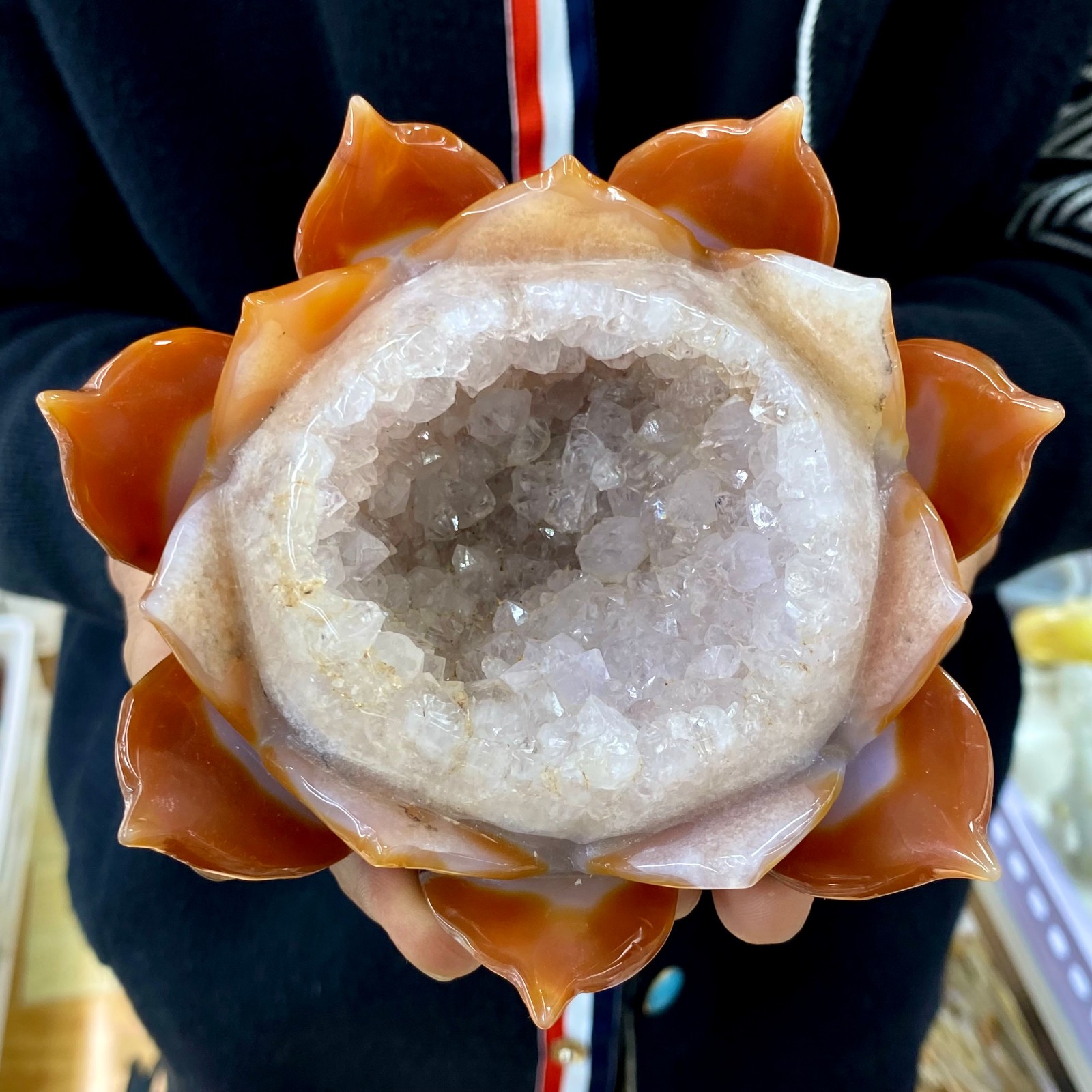 1.96LB Natural Agate Geode Carved Lotus Flower, Hand Carved Healing Crystal Home