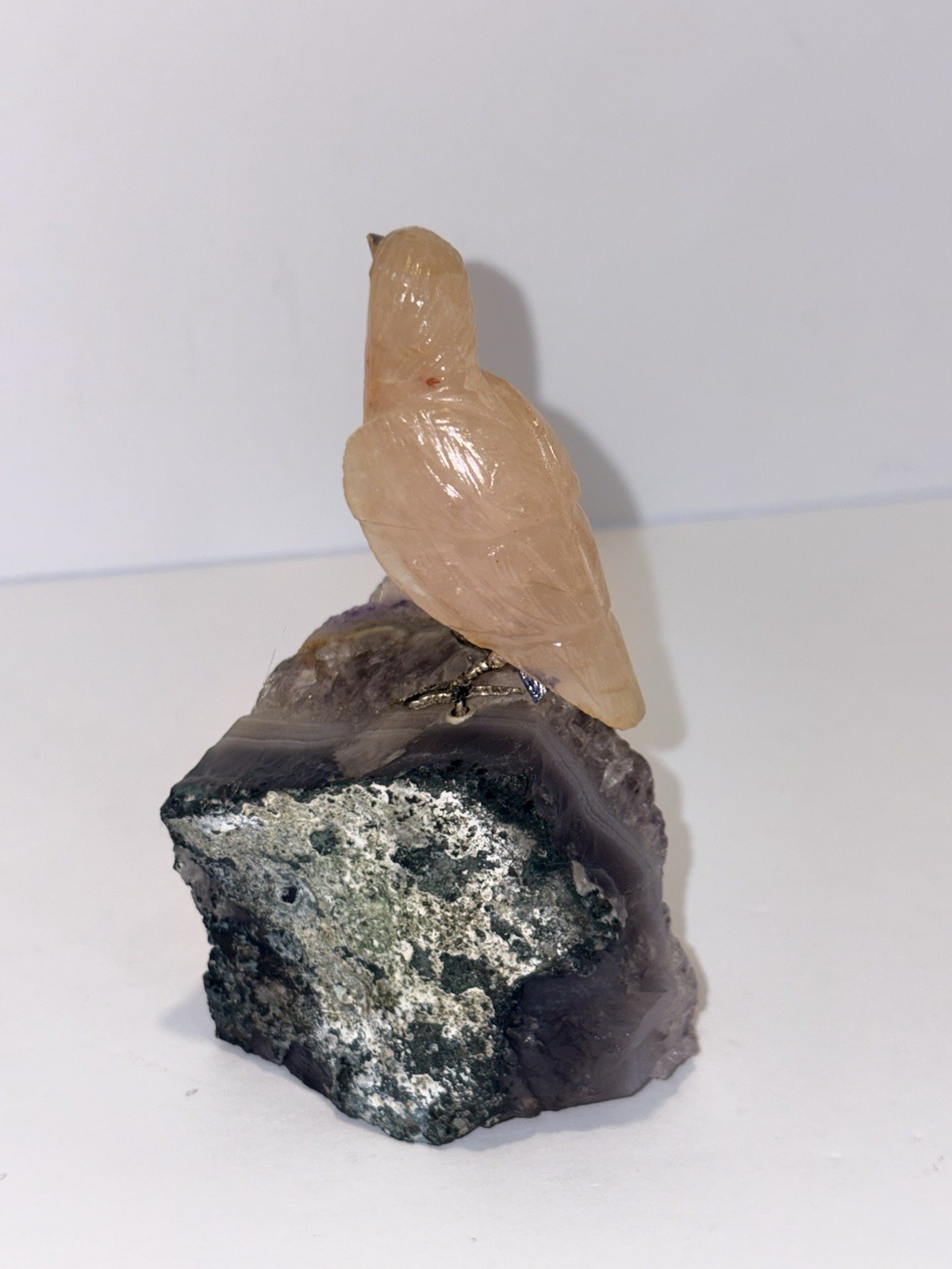 Hand carved Rose quartz bird on amethyst geode cluster 5x3x2.5
