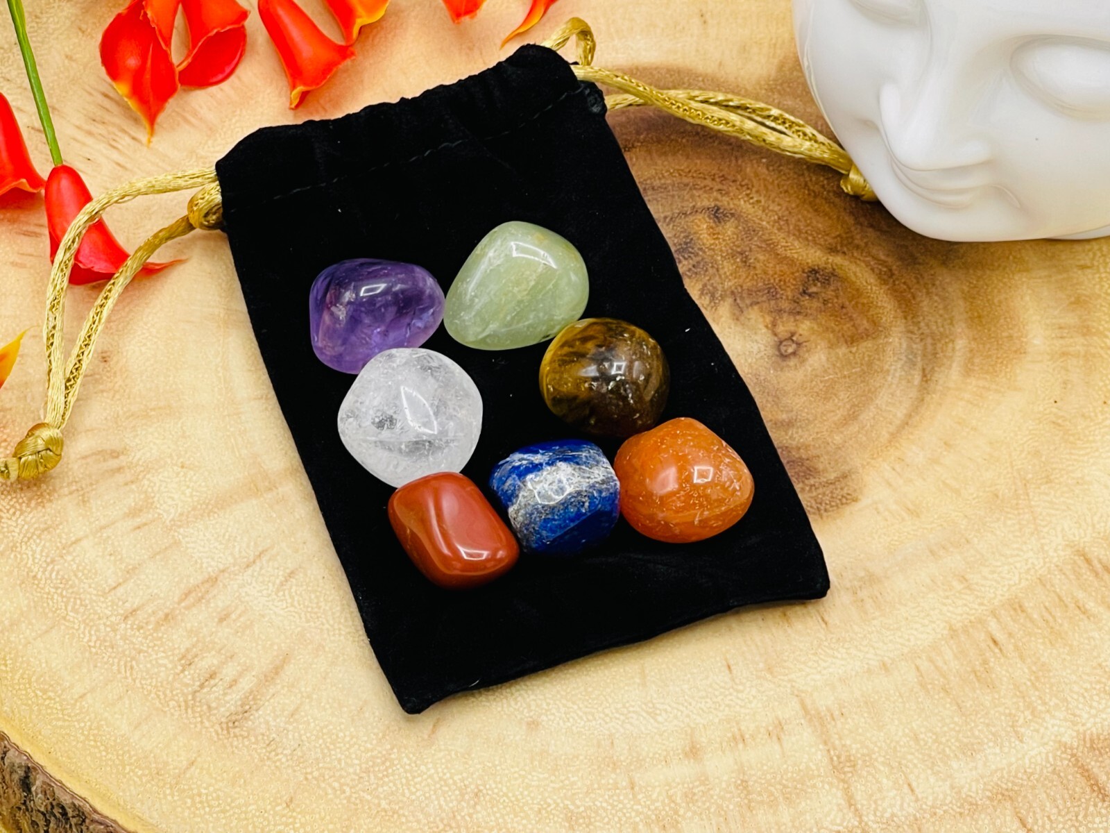 Selenite Charging Pointy Bar with 7 Chakra Stone & Velvet Pouch, 6 Inch (15 cm)