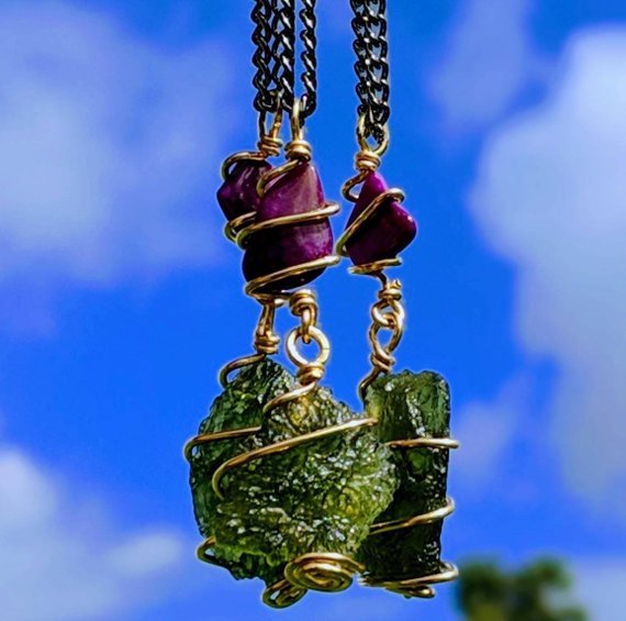 MOLDAVITE & SUGILITE Pendant In GOLD. Amulet Tektite Crystal Necklace Synergy 12