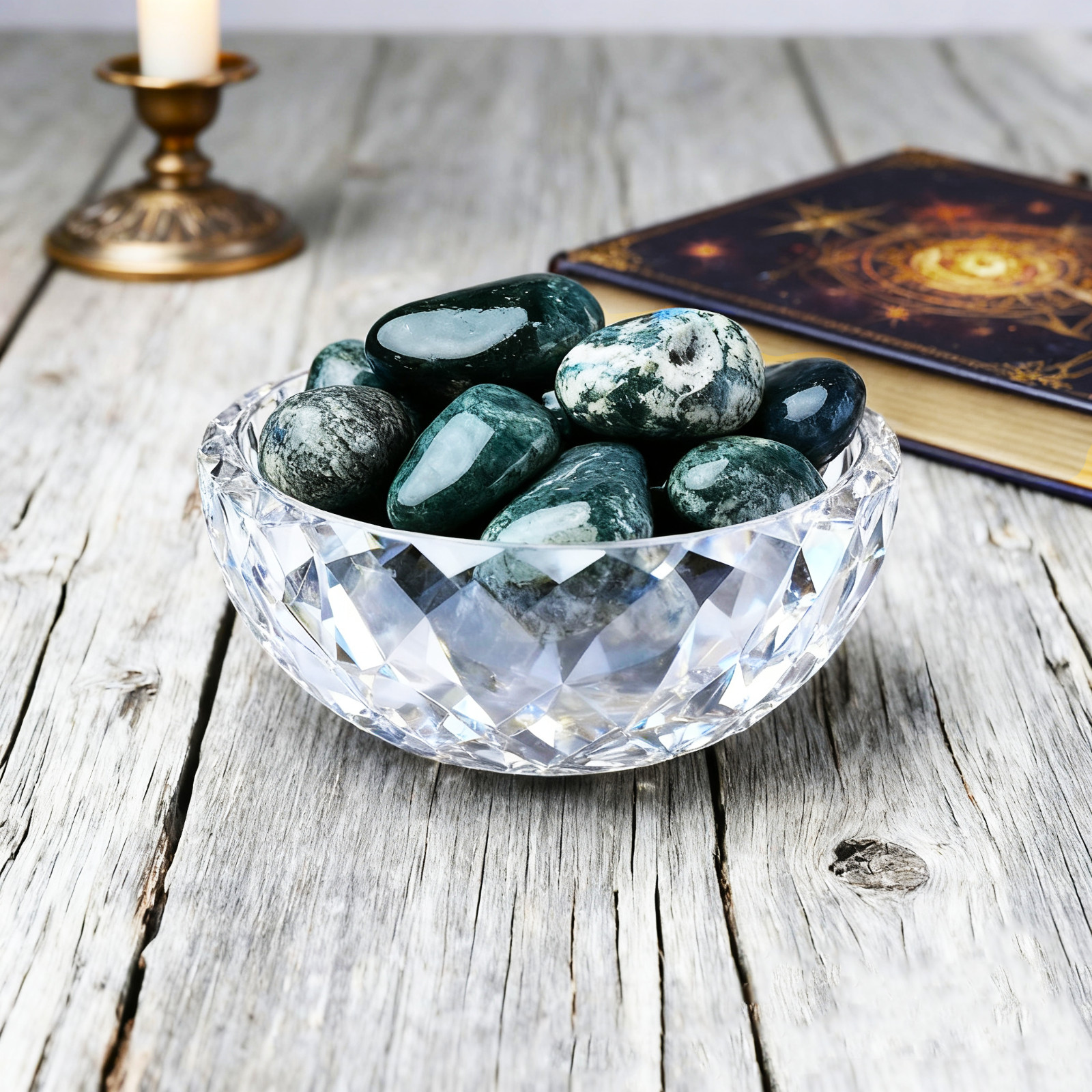 5pcs Natural Moss Agate Stones Set Abundance Crystal Grid Collection Home Decor