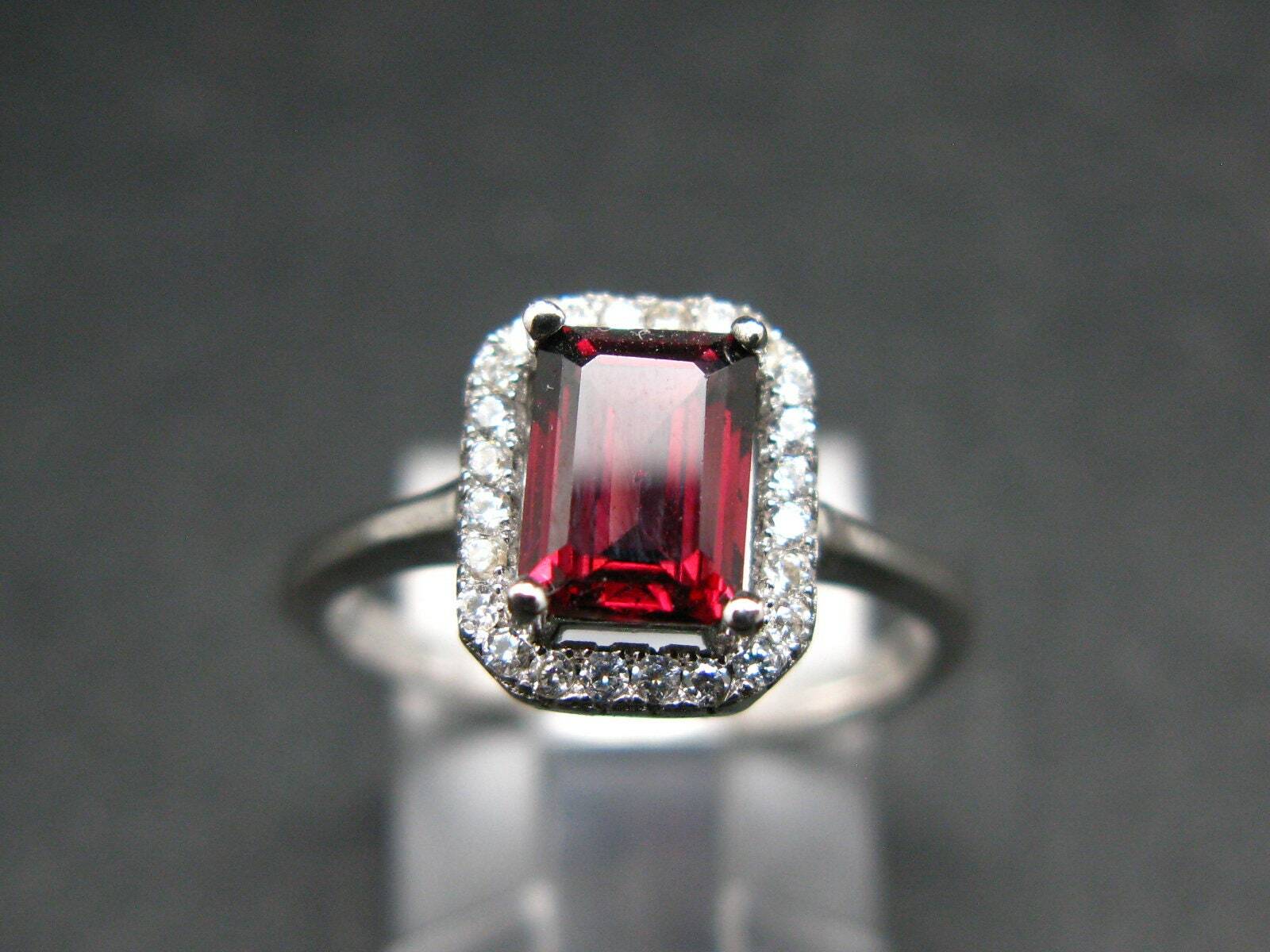 Red Garnet Rhodium Plated Sterling Silver Ring with CZ – Size 6.75