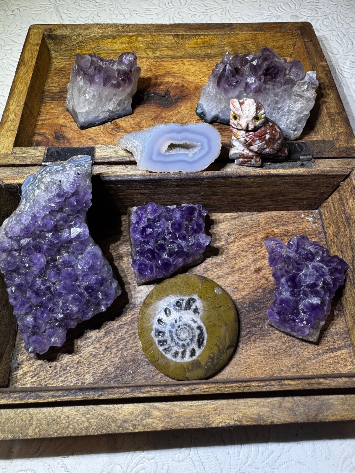 Amethyst Clusters, Blue Agate Slice, Ammonite Fossil & Stone owl