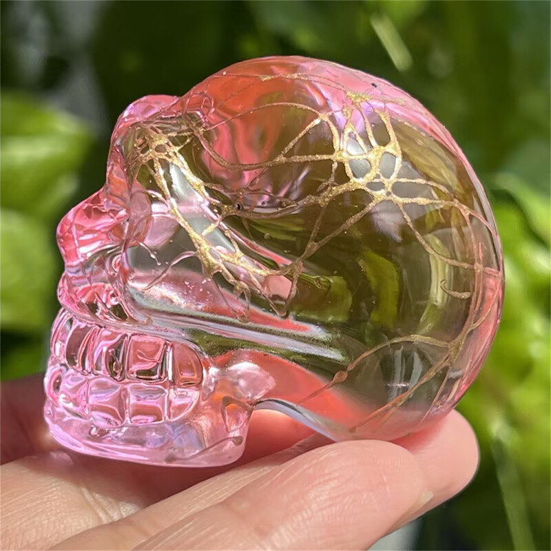 2″ titanium Pink aura smelting quartz skull crystal hand Carved Figurines 1pc