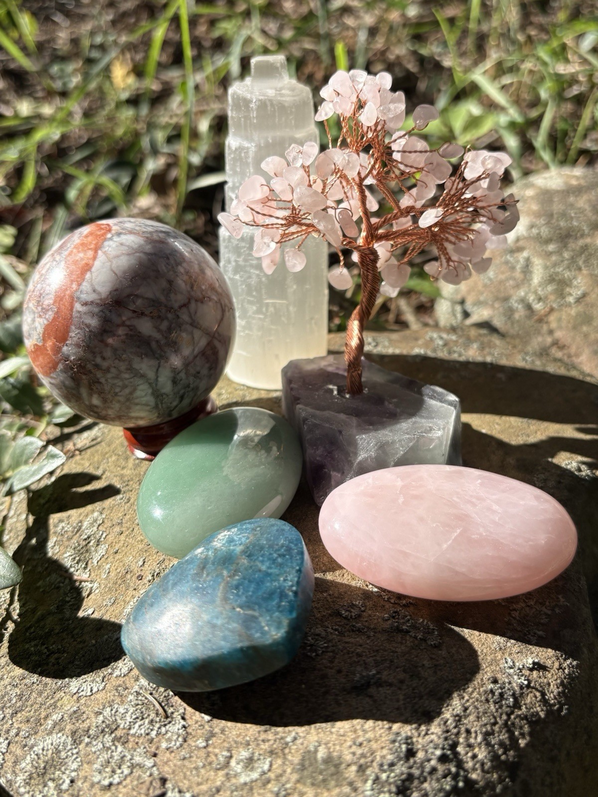 Bulk Crystal Tower & Carvings Lot- Blue Apatite, Rose Quartz, Selenite & More