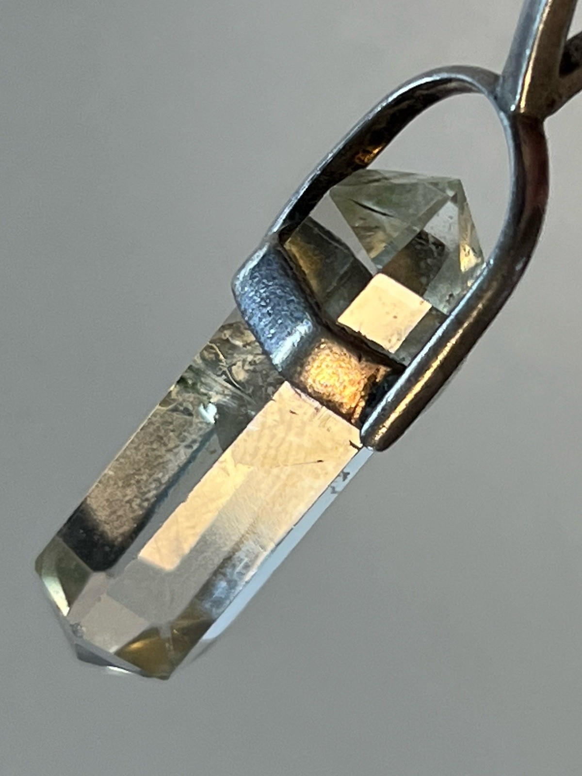 Green Phantom Quartz Pendant Double Terminated Clear Crystal Silver Hoop 6.9g