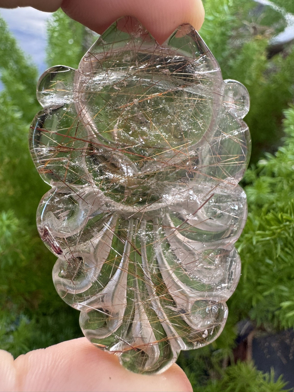 CLEAR GOLD/RED RUTILE Carved Nine-Tailed Fox Yellow Rabbit Fur Rutile Quartz 34g
