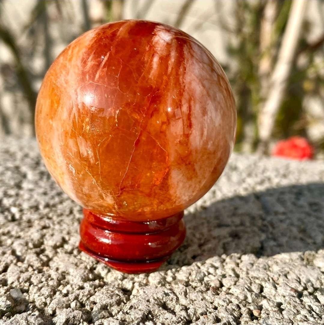 124G Natural Red Fire Quartz Crystal Stone Sphere 44mm With Stand