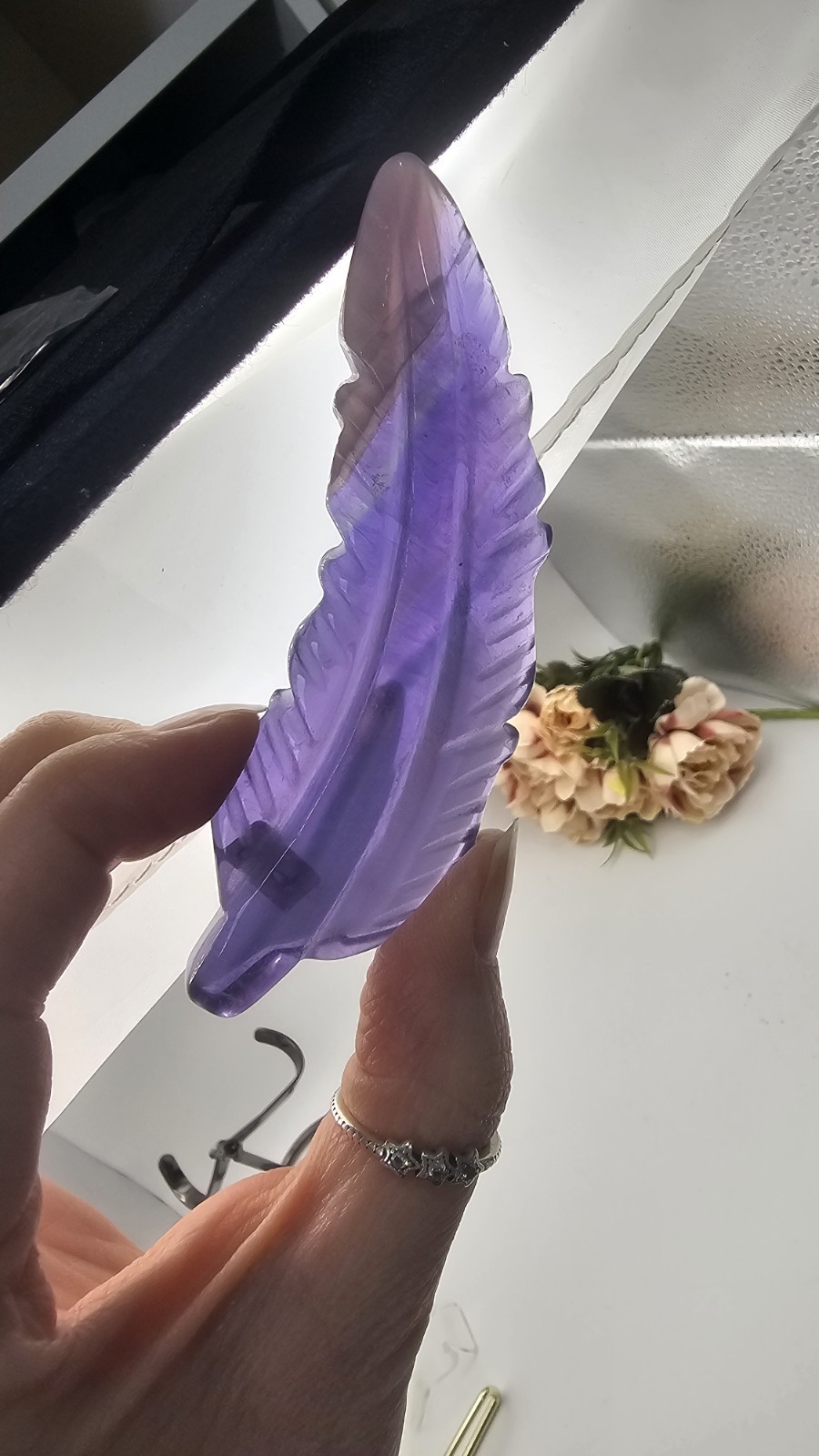rainbow Fluorite Feather Carving crystal 65g 10cm opaque