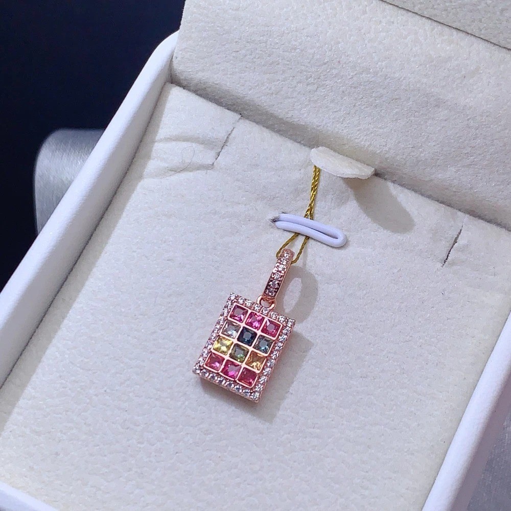 Natural Tourmaline Gemstone Pendant Necklace Jewelry S925 Silver Plated18K Gold