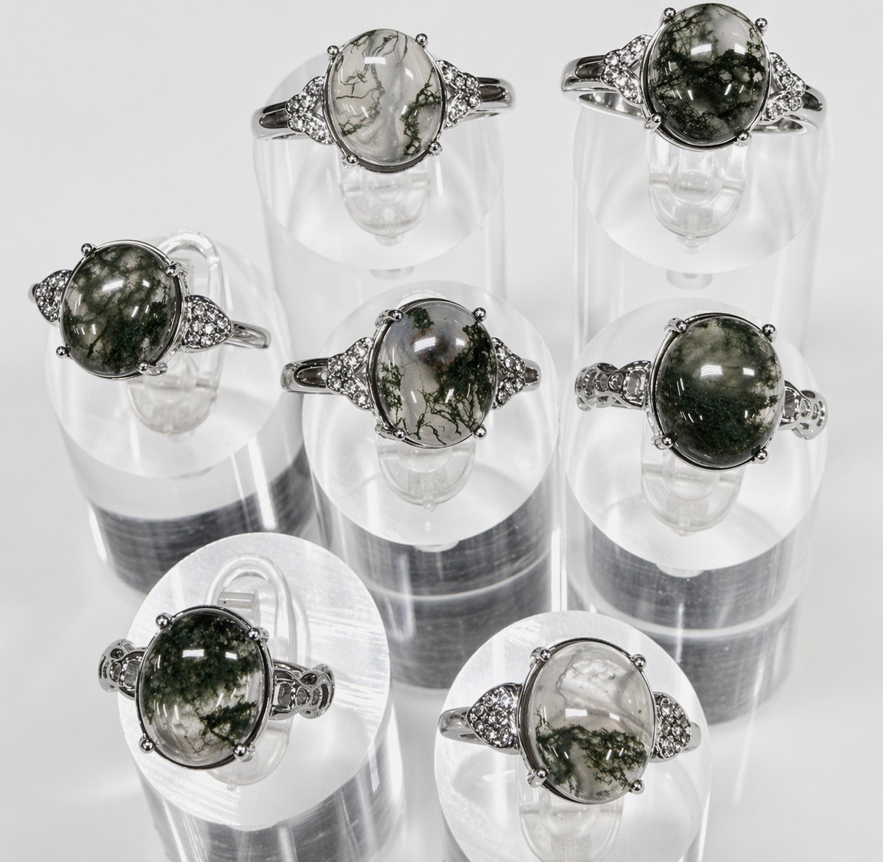 Wholesale 7 Pcs Natural Moss Agate Stainless Steel Rings(316) Crystal 10x12mm