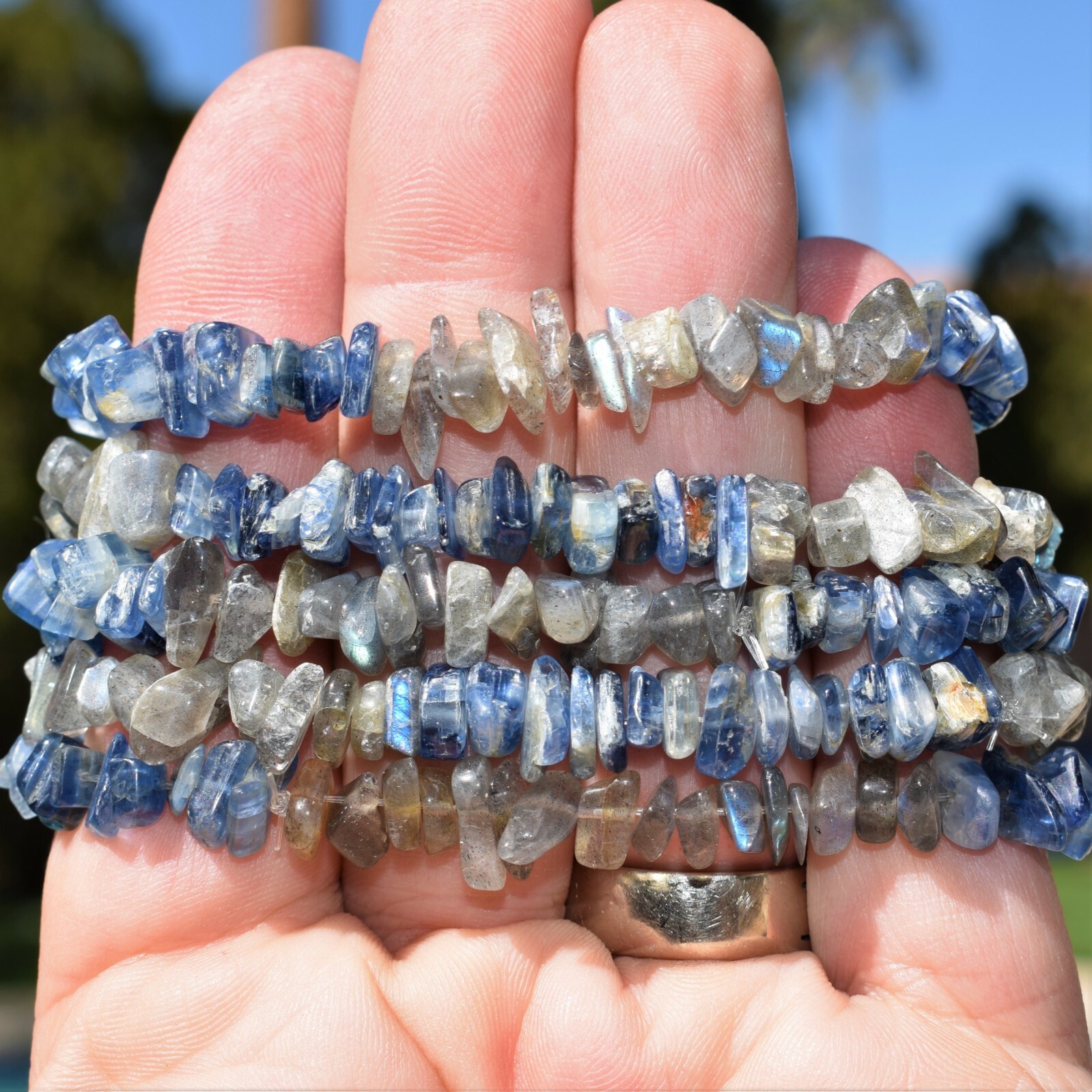 CHARGED Blue Kyanite Labradorite Crystal Chip Stretchy Bracelet + Selenite Heart