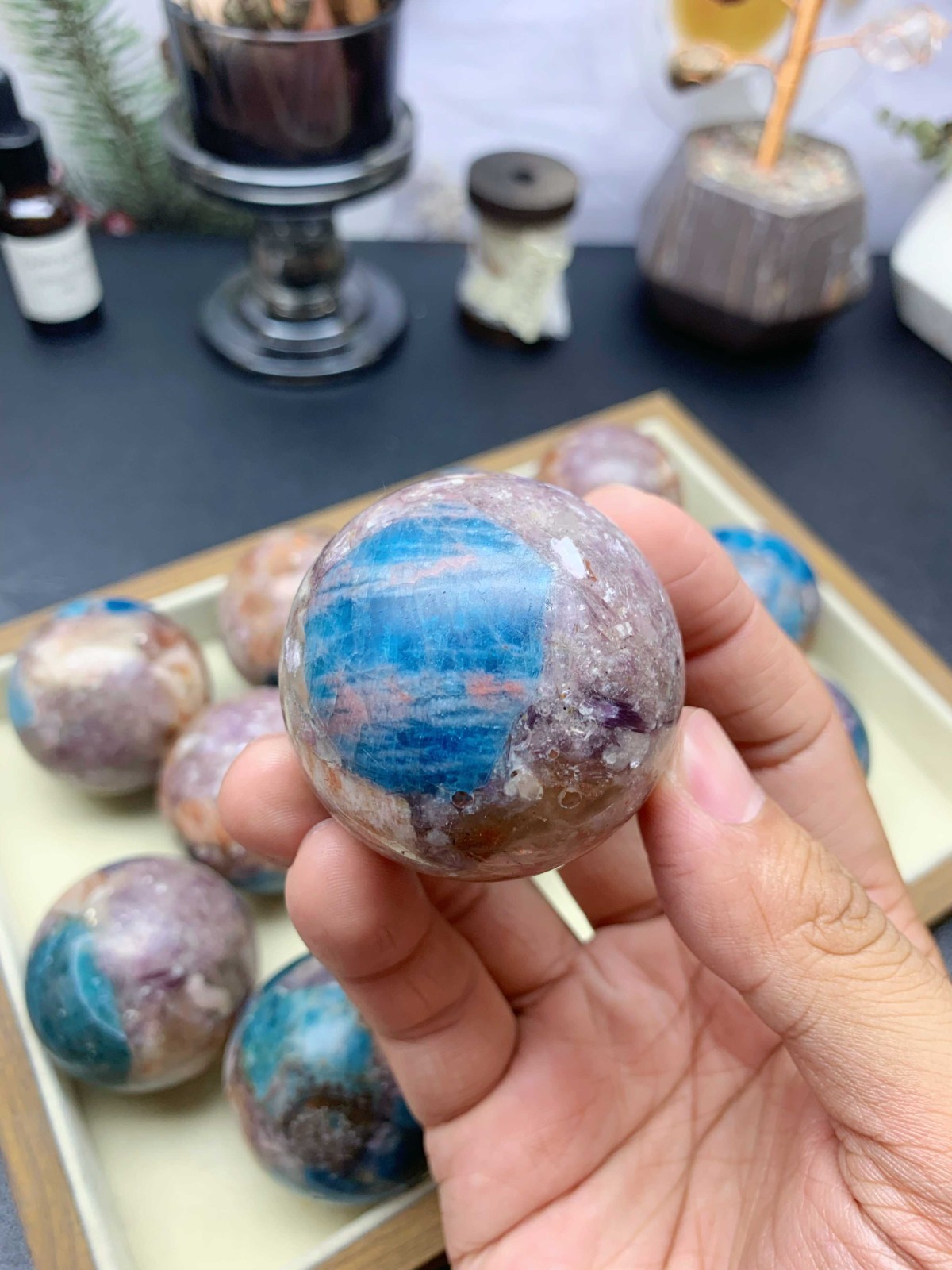 Composite Crystal Sphere 5cm, Apatite Sunstone Purple Mica with Wooden Stand