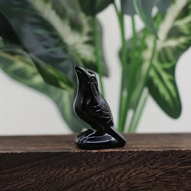 Hand Carved Black Obsidian Crow Crystal Figurines Healing Mineral Specimen