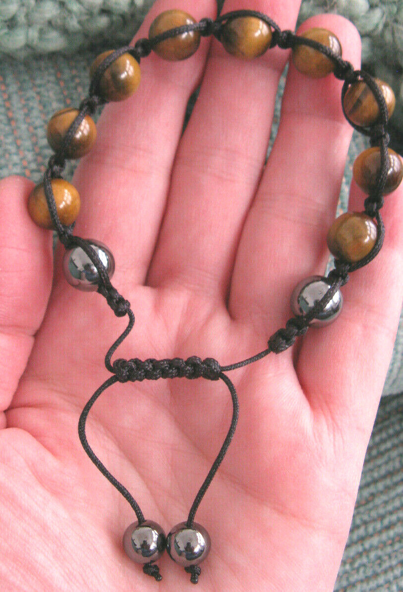 NEW NATURAL GOLDEN TIGER EYE CRYSTAL CUFF WOVEN BRACELET W/ HEMATITE–MEN’S–9″