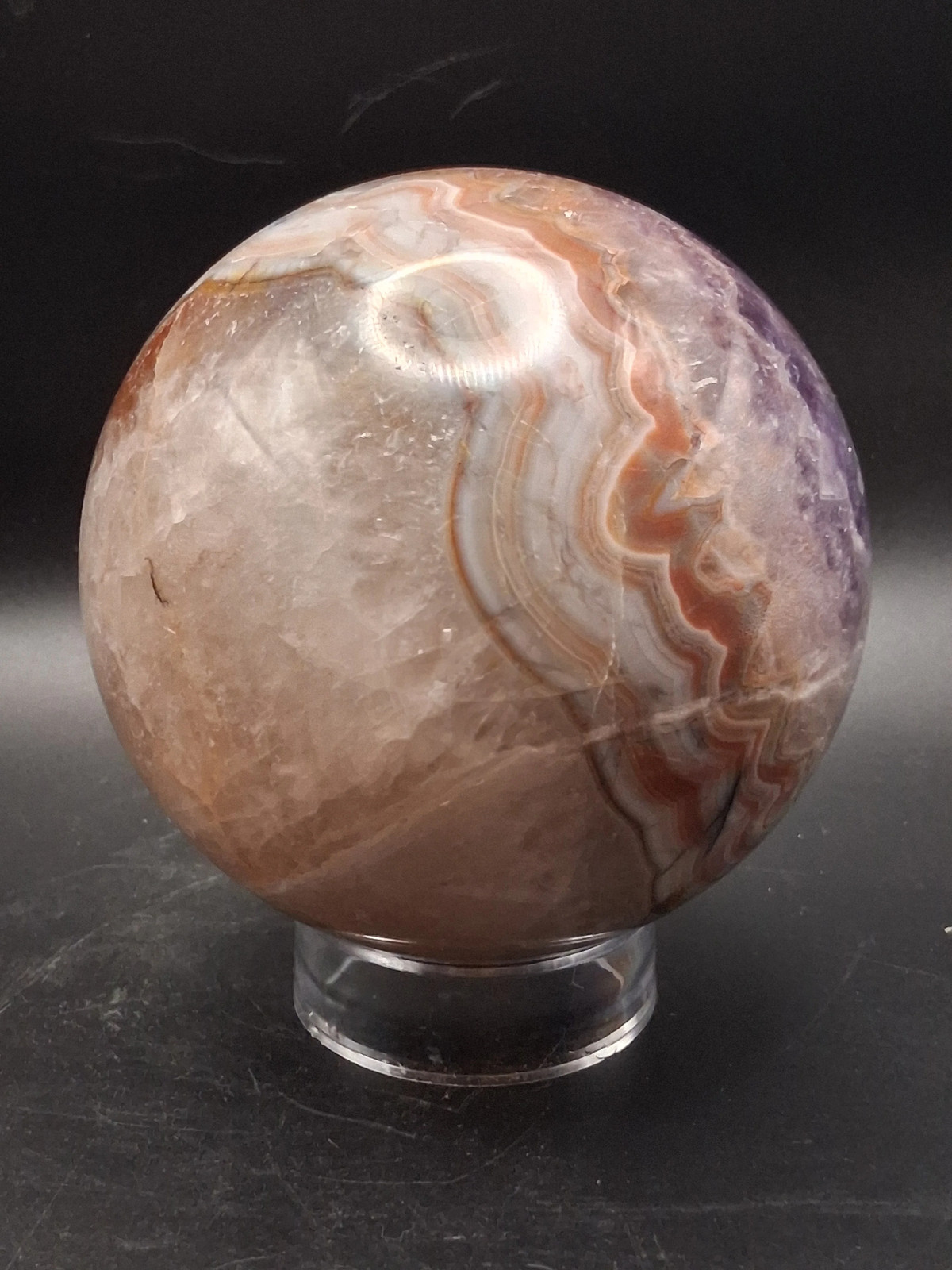 Large amethyst lace agate sphere! 89.6mm, 3.5″, 2.3 pounds