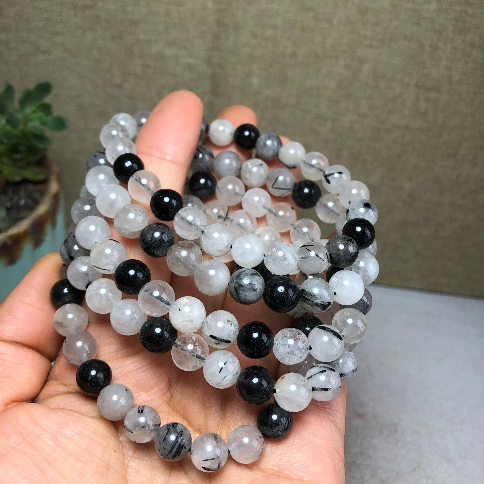 5pcs Natural black Tourmaline Crystal chain beads bracelet 7mm-8mm A4771