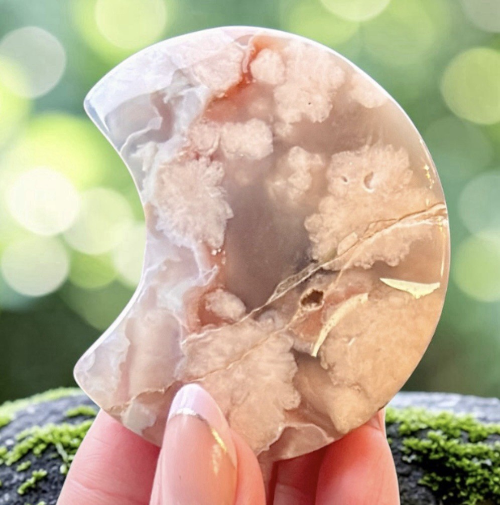 Pink Flower Agate Crescent Moon Set Aura Rose Quartz Heart Crystal Bundle 4pc