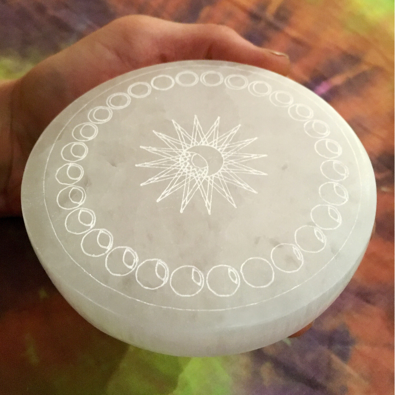 Selenite Crystal Charging Plate 4″ Moon Phases Engraved Circle Disc Reiki Energy