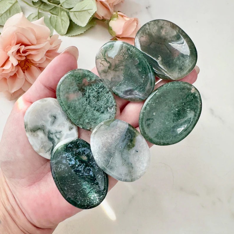 Moss Agate Polished Palm Pocket Worry Stone for Healing Anxiety Relief Balance