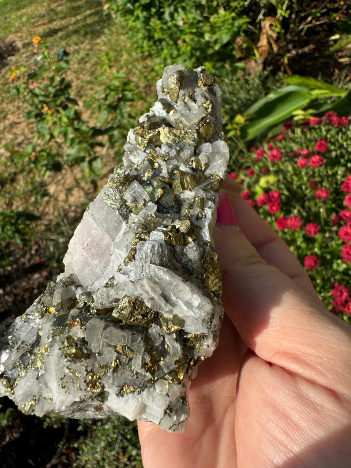 Gorgeous Shiny Golden Pyrite on Iceland Spar (Calcite) 500g