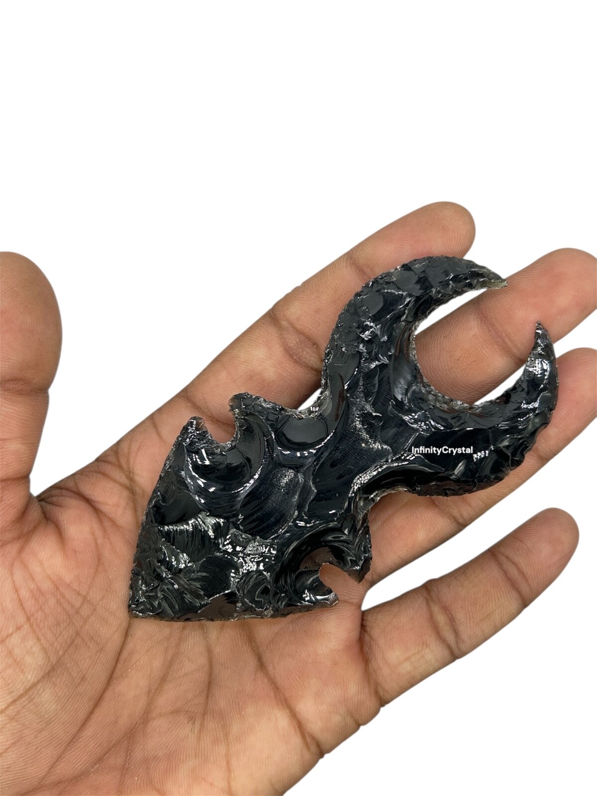 Unique Black Obsidian Moon Shape Arrowhead Crescent Carved Crystal,4″ Inches.