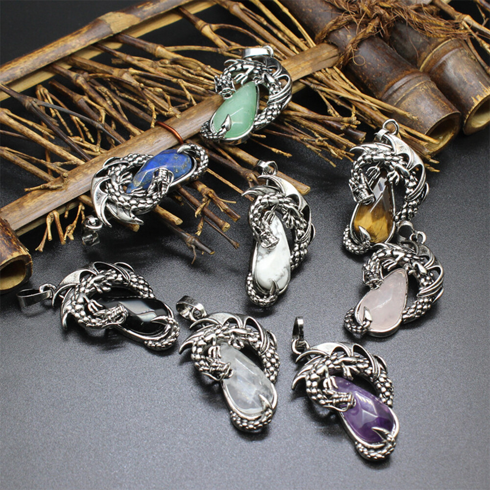 Natural Dragon Crystal Pendant Necklace Gem Stone Quartz Oval Man Women Healing
