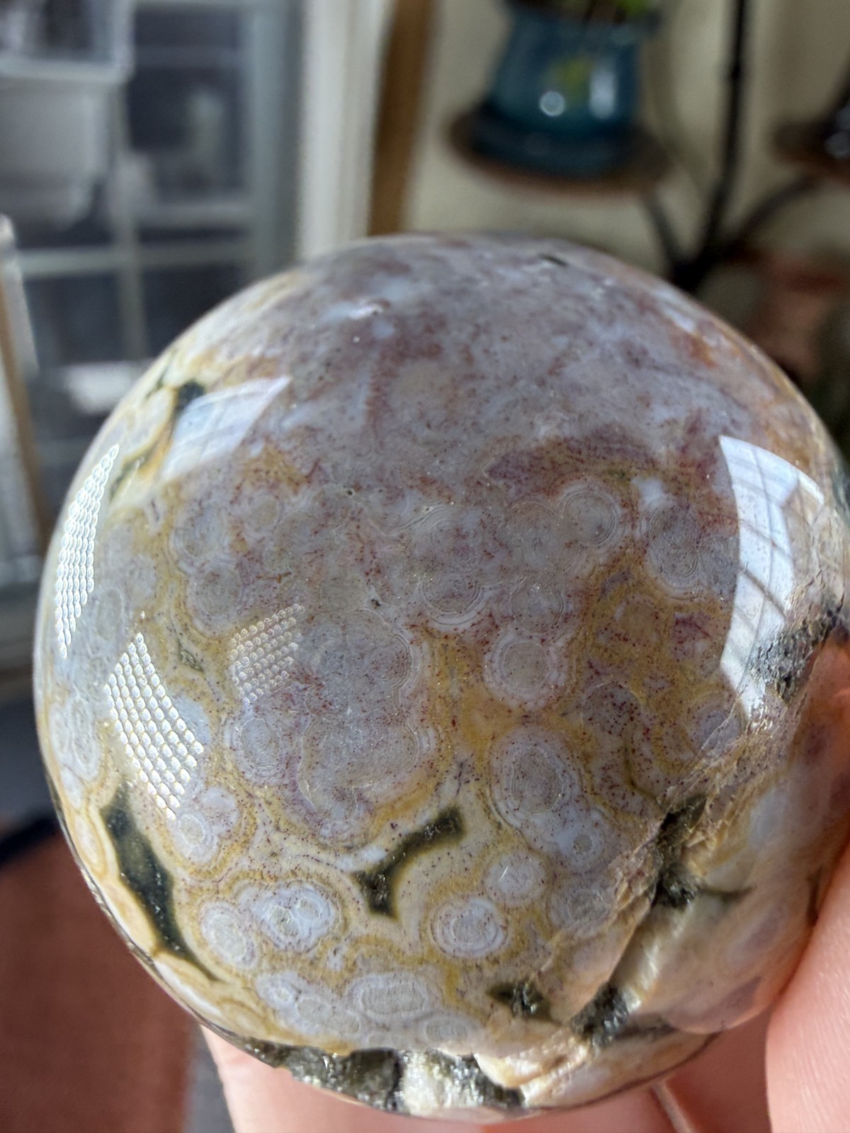 8th Vein Ocean Jasper Sphere – Pink, Green, Gold & White – Druzy Caves – 5.47 oz