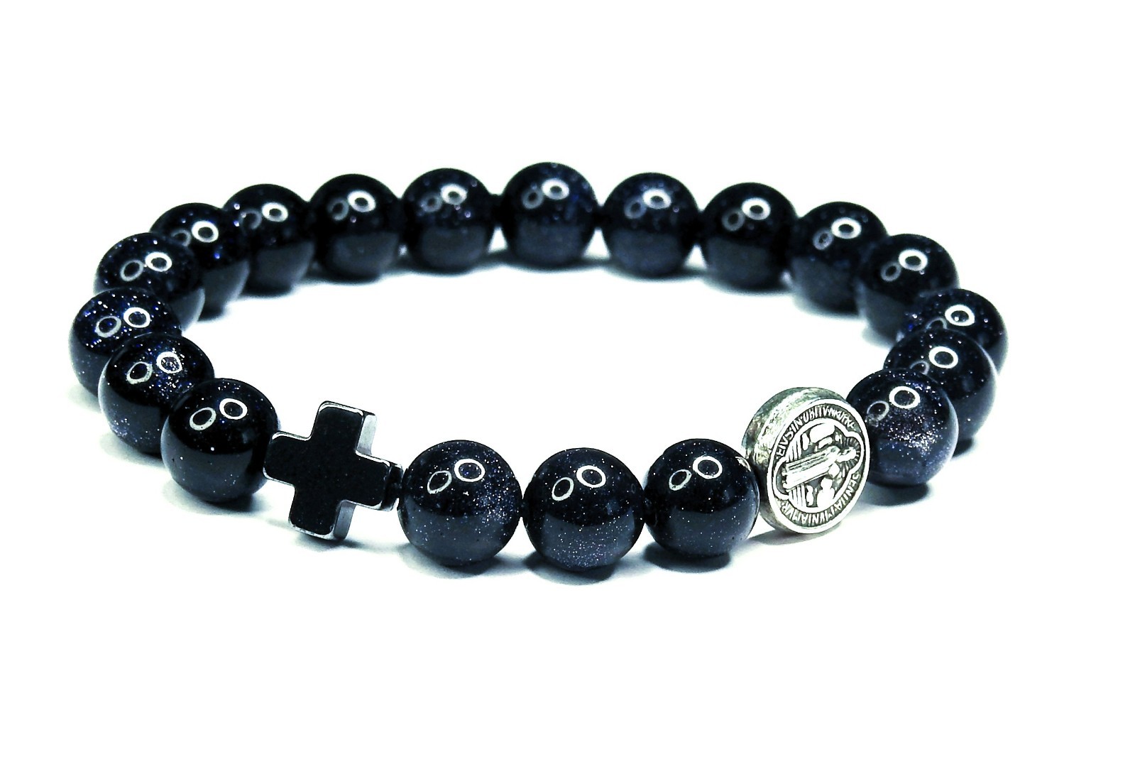 Blue Sandstone Rosary Bracelet – Stretch Bracelet, St Benedict & Hematite Cross