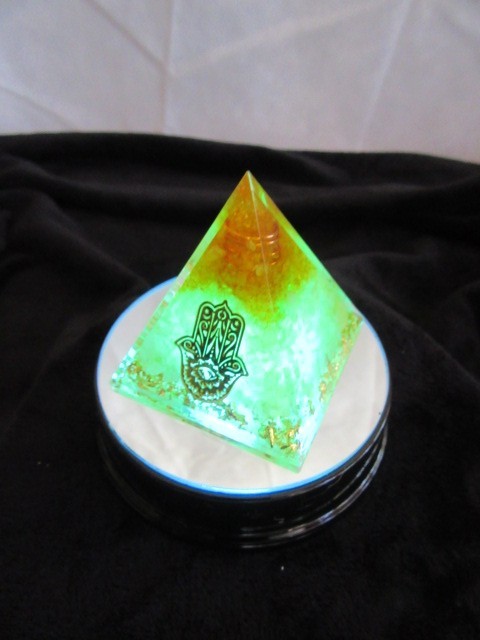 Orgone Pyramid Yellow, Gold, Copper Pyramid w/multi-color lighted black base
