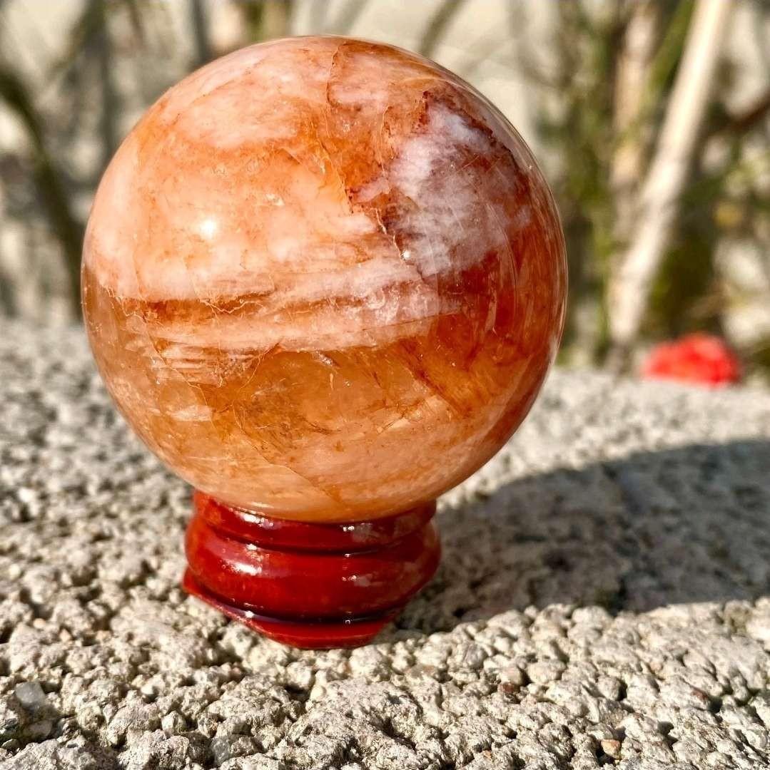 124G Natural Red Fire Quartz Crystal Stone Sphere 44mm With Stand