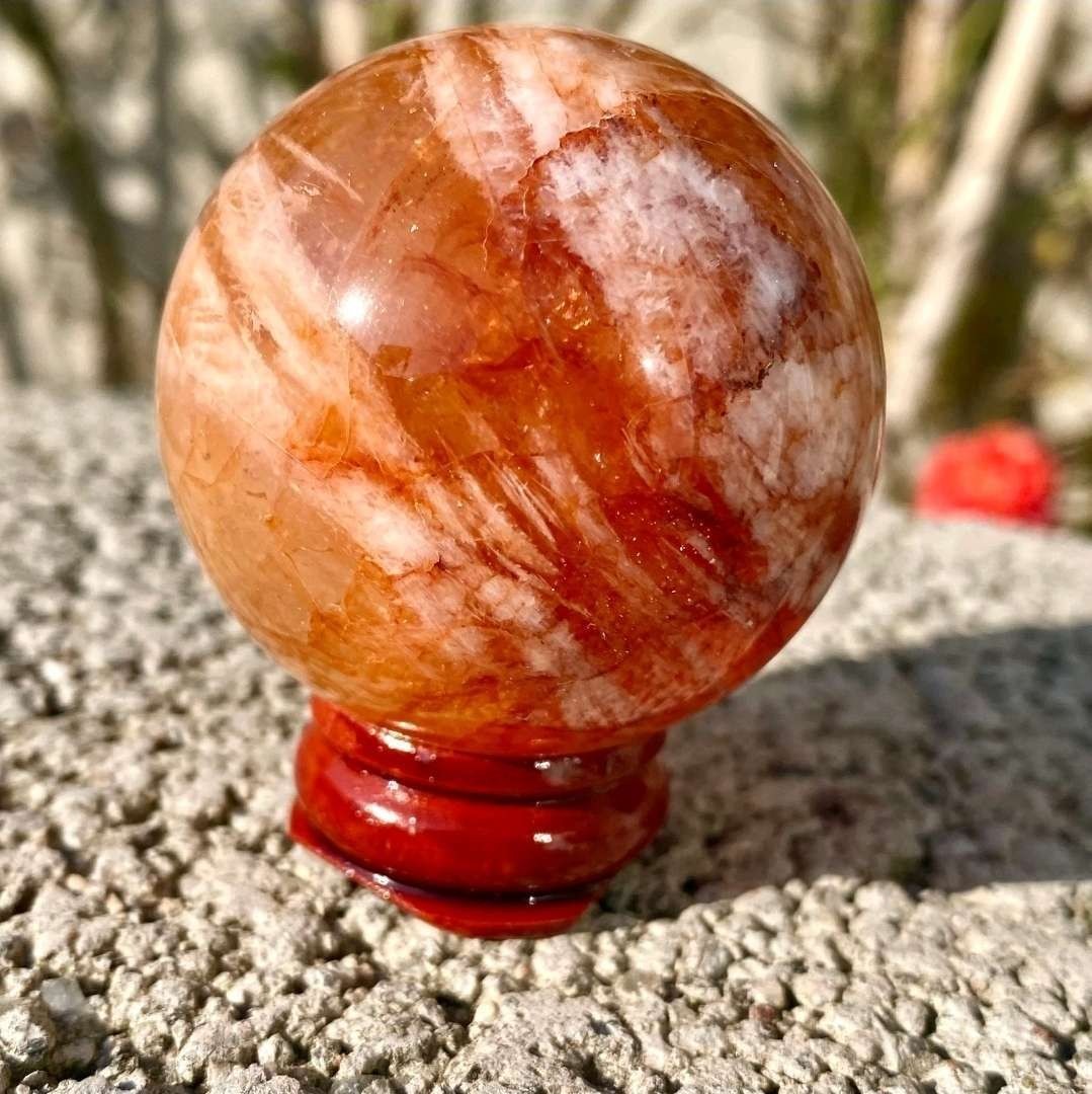 124G Natural Red Fire Quartz Crystal Stone Sphere 44mm With Stand