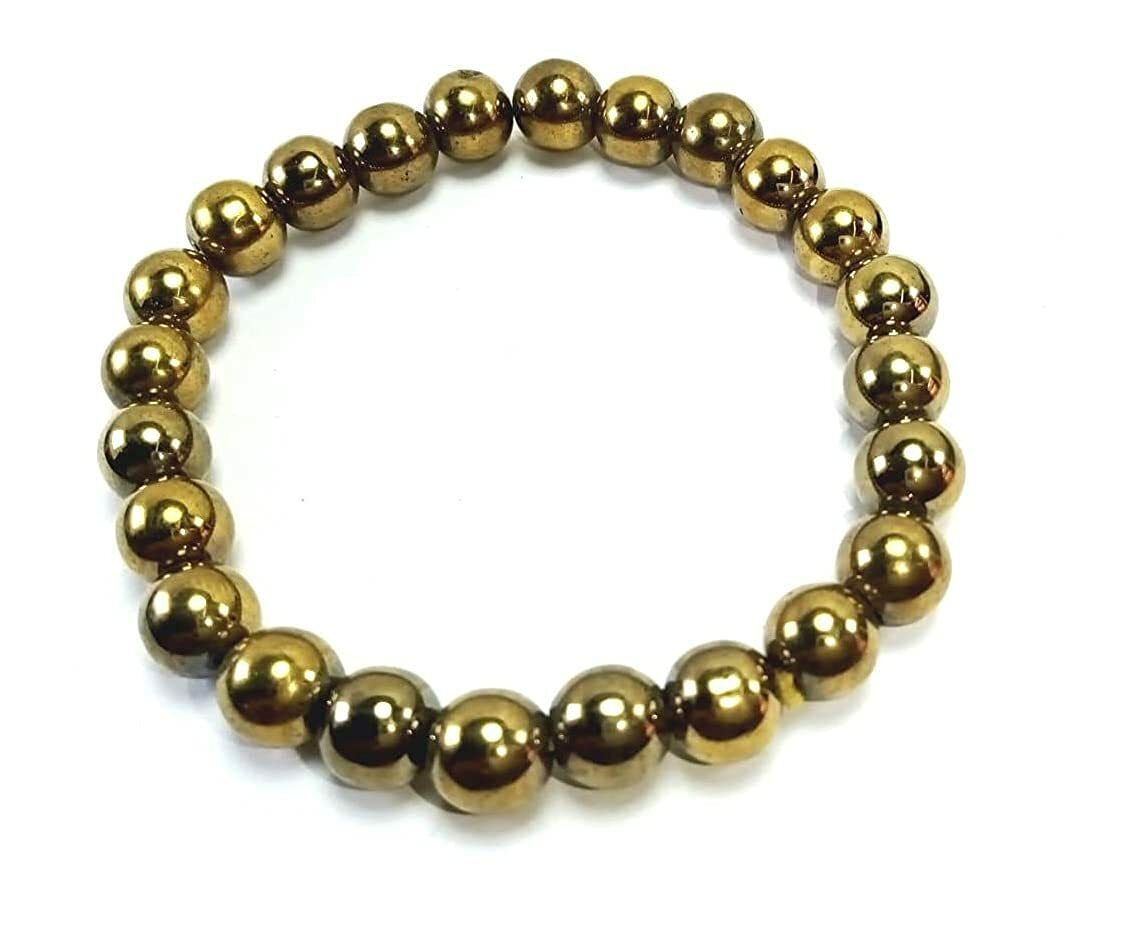 Pyrite Smooth Round Gemstone Beads Elastic Cord Bracelet 8 mm size