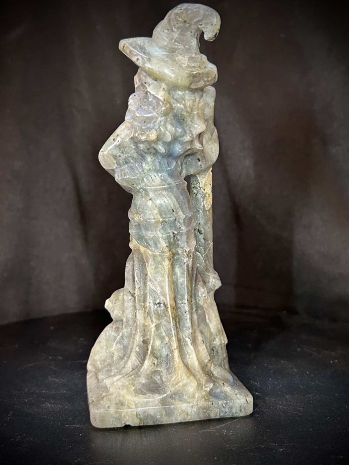6″ Low Flash Gray Labradorite Witch, Broom, And Cat Carving 11.4oz
