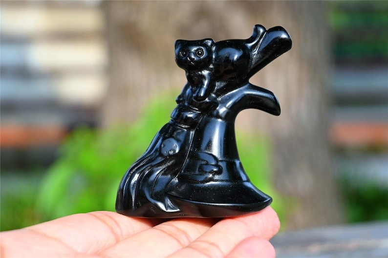 Natural Obsidian Cat on Broom carved Quartz crystal ornament reiki heal gift 1pc