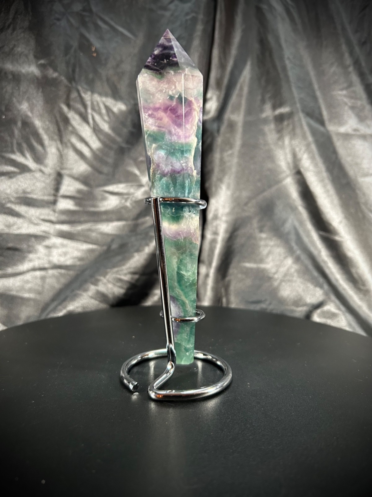 7″ Rainbow Fluorite Wand With Metal Stand 7.5oz (214 grams)