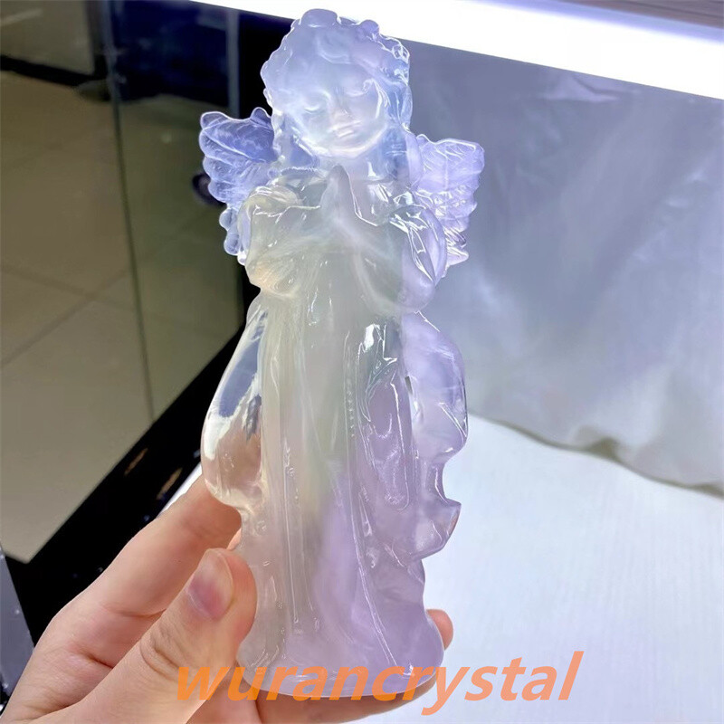 6″Top Natural crystal macaron fluorite skull archangel carved Reiki healing gift