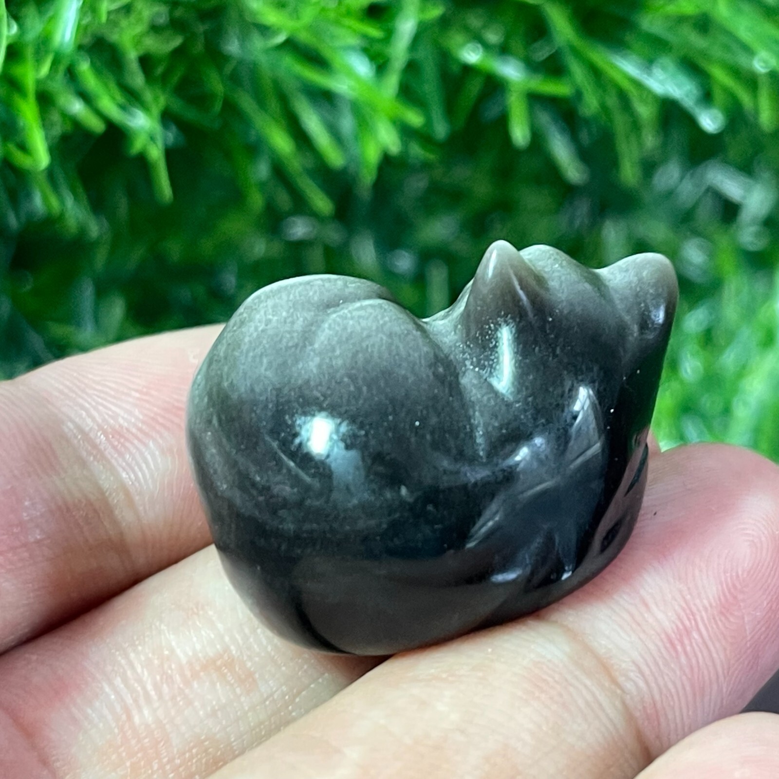 2pc Natural silver obsidian Quartz hand Carved Crystal sleeping cat Healing 1.2″